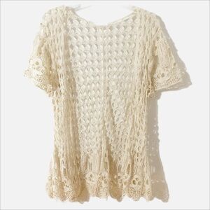 Maurices Loose Open Crocheted Short Sleeve Cardigan Sweater Vest Boho Scalloped